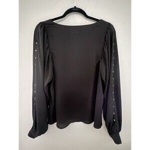 Gap Womens Sz Large Black Semi-Sheer Blouse Top Slit Embellished Sleeve Pull-on